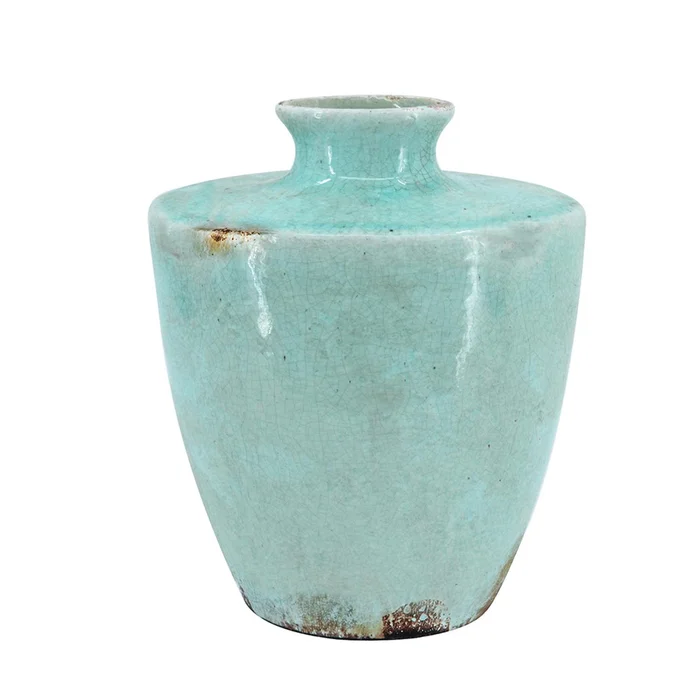 12″ Aqua Terracotta Crackle Glaze Round Table Vase