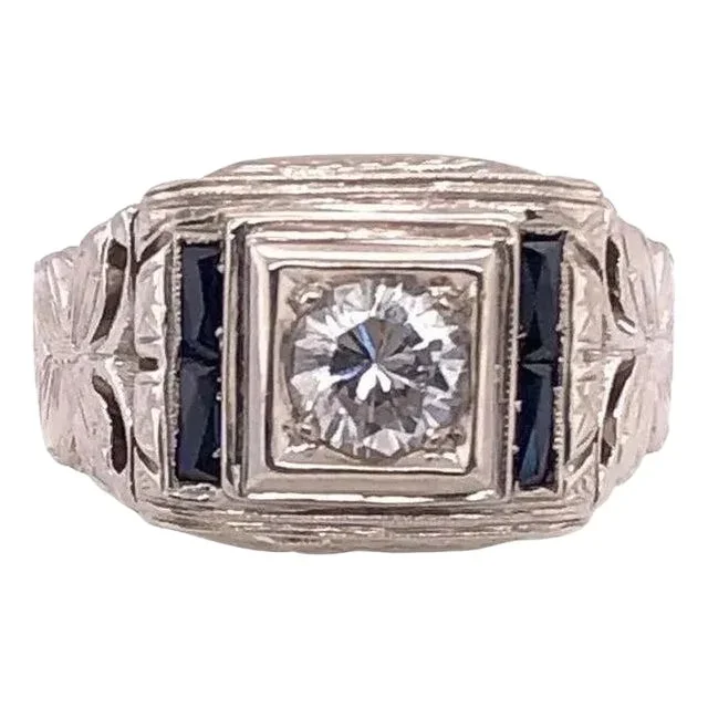14 Karat White Gold Fashion Ring With Round Diamond and Sapphires