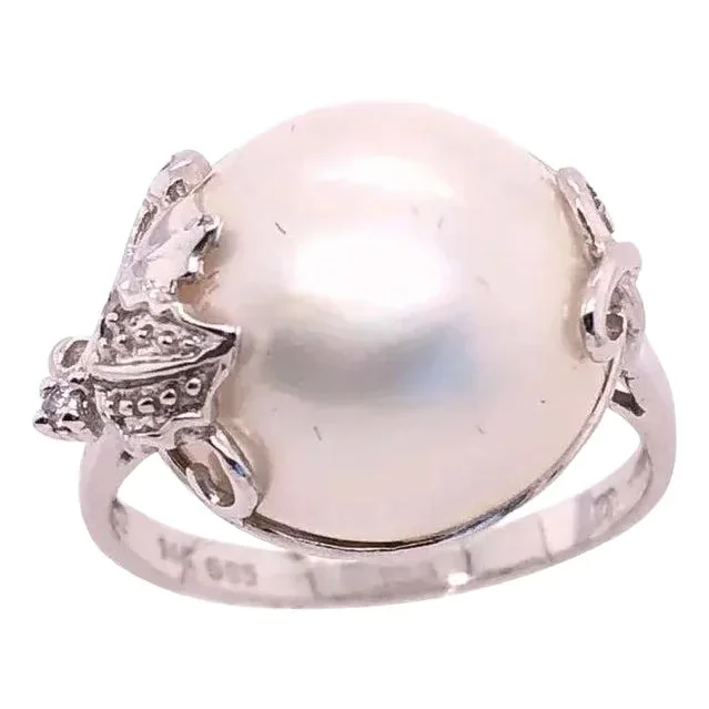 14 Karat White Gold Pearl Solitaire With Diamond Accent Ring