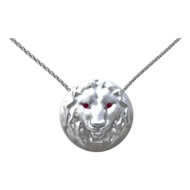 14 Karat White Gold Pendant Necklace 18 Inch Leo Lion with Ruby Eyes
