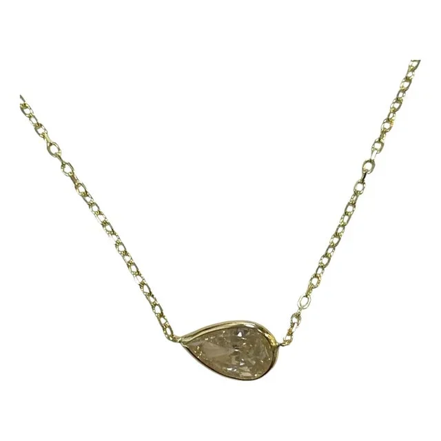 14k Yellow Gold 1.03ct Pear Natural Diamond Bezeled Necklace