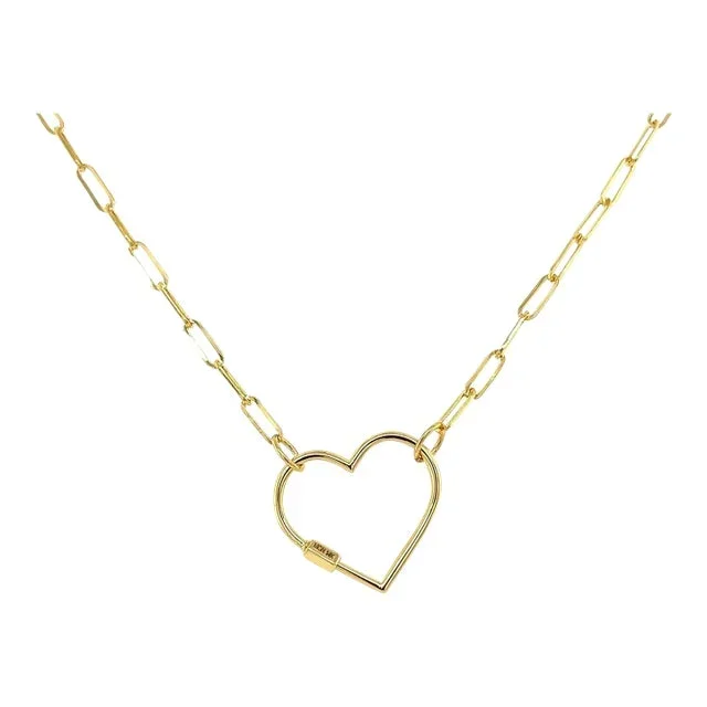 14Kt Real Gold Heart Charm Necklace With Paper Clip Chain