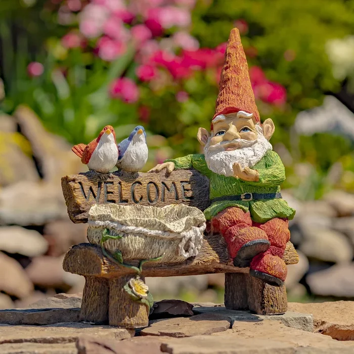 15.35″ Tall Garden Gnome Statue with Welcome Sign, Birds and Birdbath