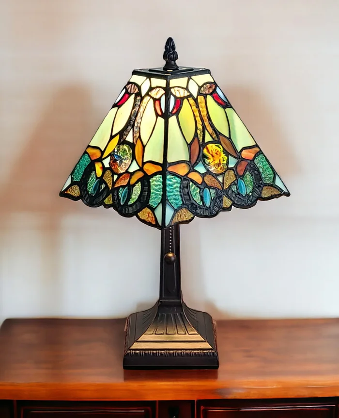 15″ Dark Brown Metal Candlestick Table Lamp with Green and Black Shade