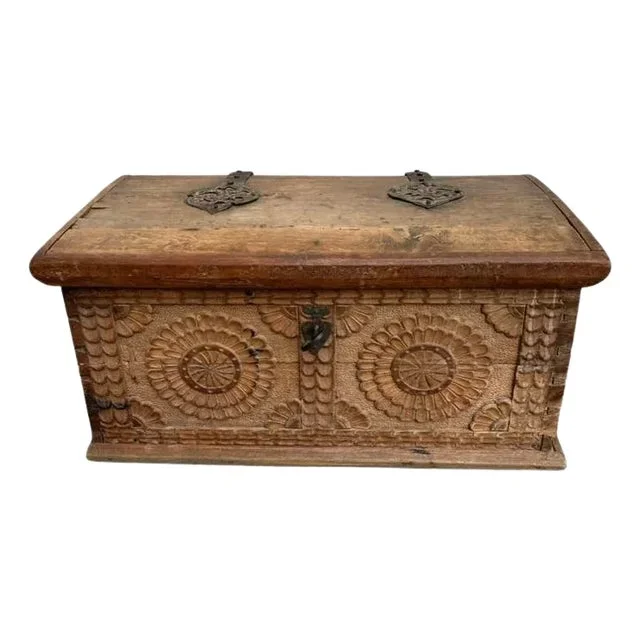 17th Century Spanish Baroque Carved Oak and Iron Chest With Original Key