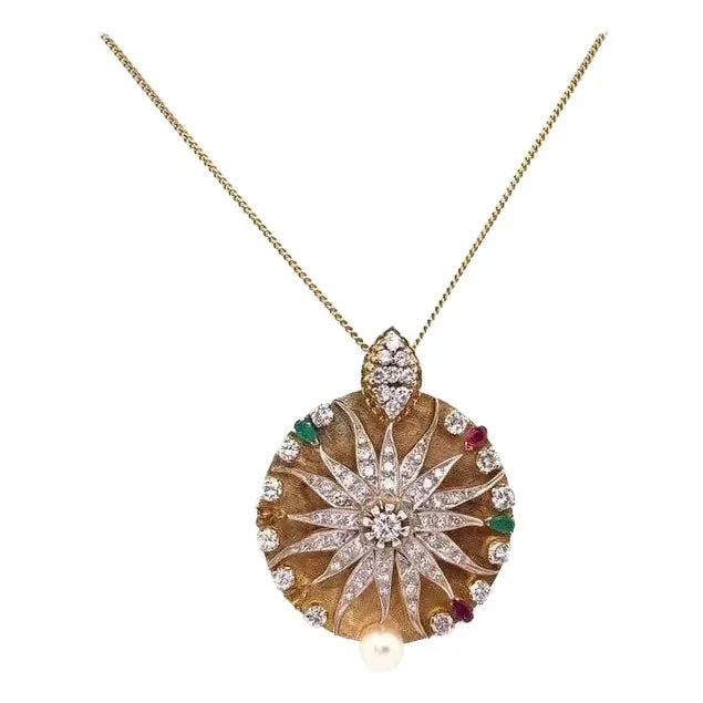 18 Karat Yellow Gold Medallion Pendant Style Necklace With Diamonds and Pearl