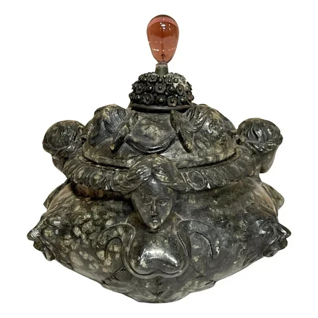 18th Century/Older Italian Renaissance Style Carved Verdigris Marble Table Box