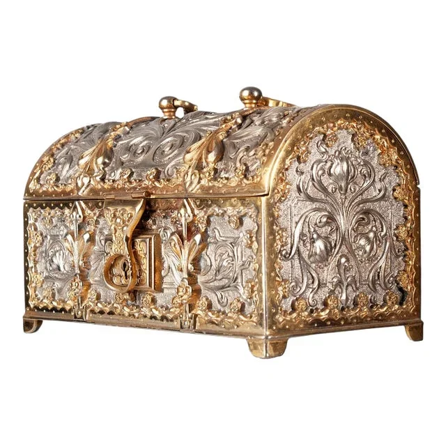 1900s Jugendstil Golden and Silver Brass Jewelry Casket With Blue Velvet-Lined Interior by Erhard & Söhne, Germany