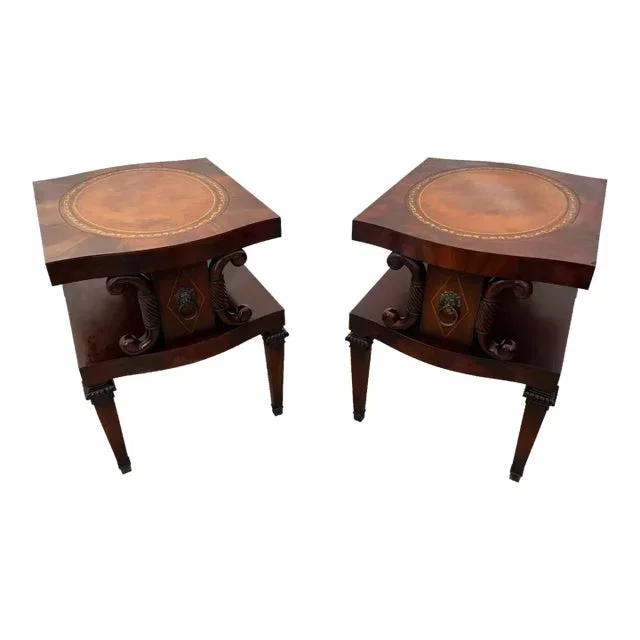 1900s Victorian Two Tier Side Tables Flame Mahogany Embossed Leather Top
