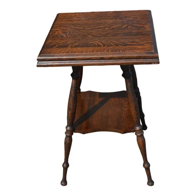 1910s Antique Victorian Tiger or Quarter Sawn Dark Oak Square 2 Tier Side Accent Table