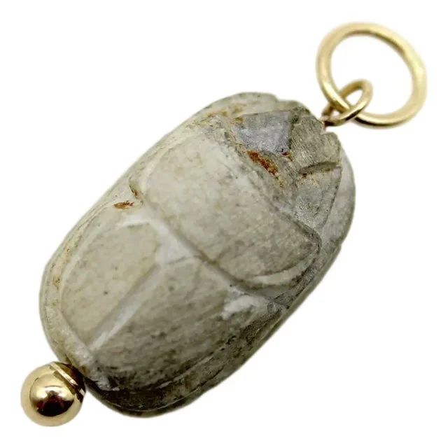 1920s Egyptian Revival Gray Stone Scarab Pendant With 14k Gold Mount