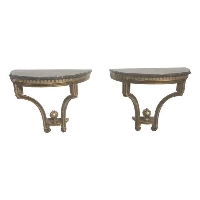 1920s Pair of Antique Wall-Mounted Console Tables, Marble Tops, Wood, Gold