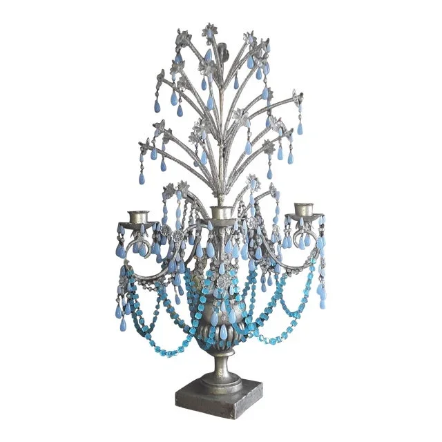 1940’s Italian Hollywood Regency Silvered Wood Vase Full of Crystal Sprays & Shooting Stars – Blue Opaline Girandole/ Candelabra/ Candle Lamp