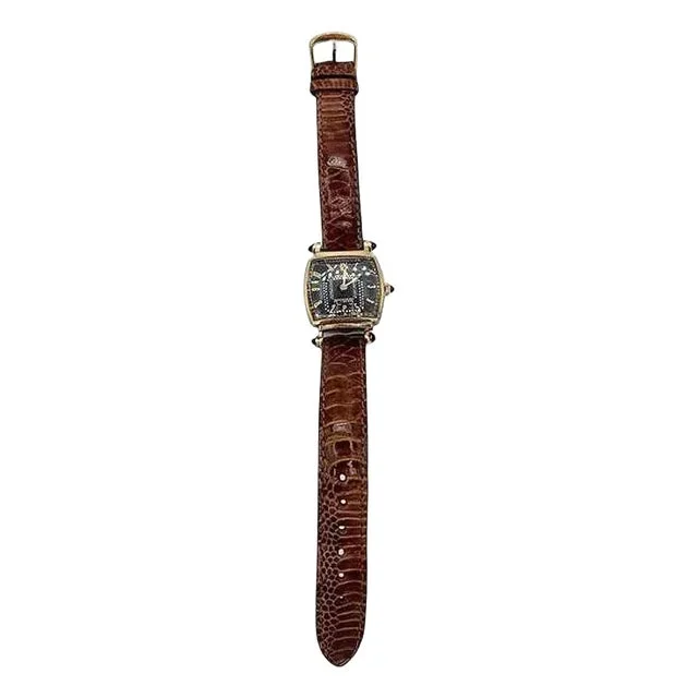 1940s Helbros Tonneau Shape Gold Filled Art Deco Mens Manual Dress Watch With Rubies