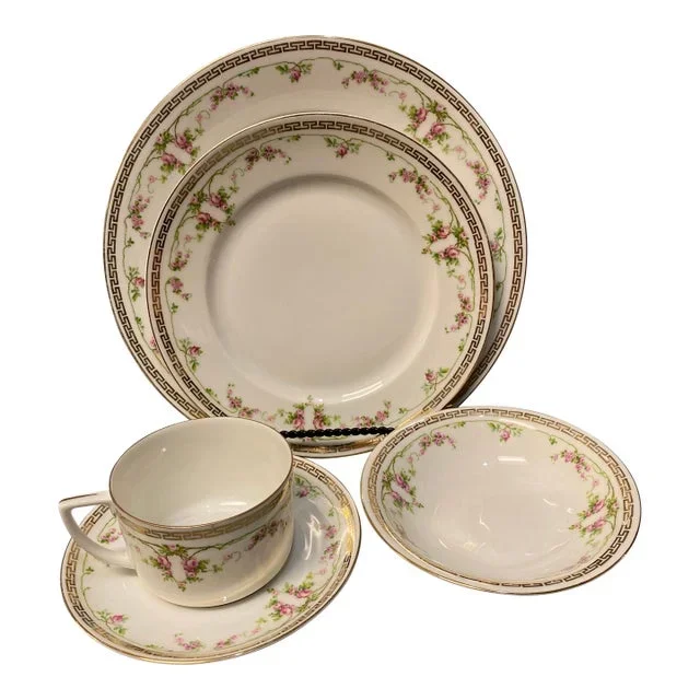 1940s Selb Mz Austria Depose’ Pink Rose With Gold Greek Key Border- 5 Pieces