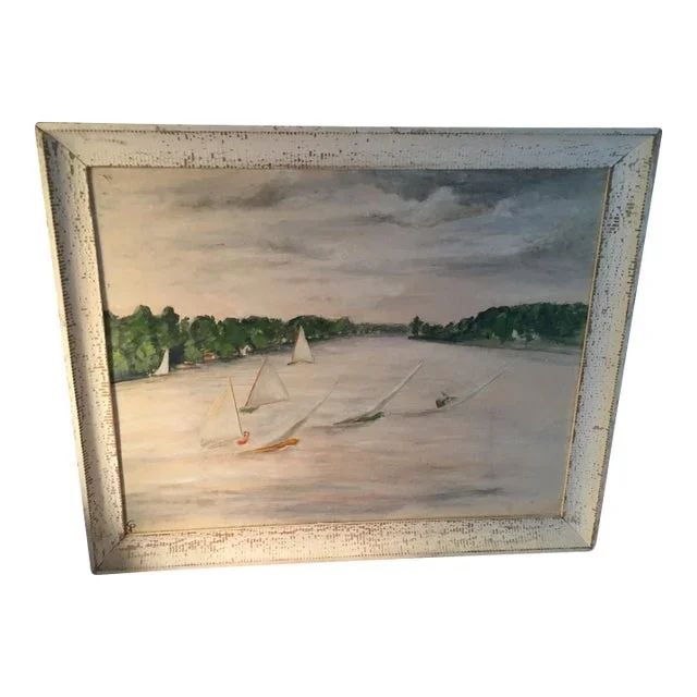 1940s Vintage Oil Painting of Sailboats on a Lake Mid- Century