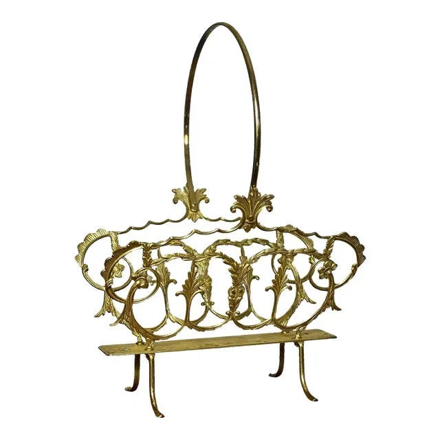 1950s Italian Hollywood Regency Solid Brass Magazine, Log or Book Basket Holder