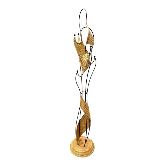 1950s Mid-Century Woven Wicker & Iron Sculptural Coat Rack With Reed Pencil Rattan Base