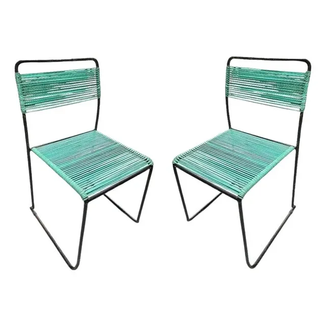1950s Pair of Walter Lamb Style Iron Blue Corded Outdoor Patio Side Chairs