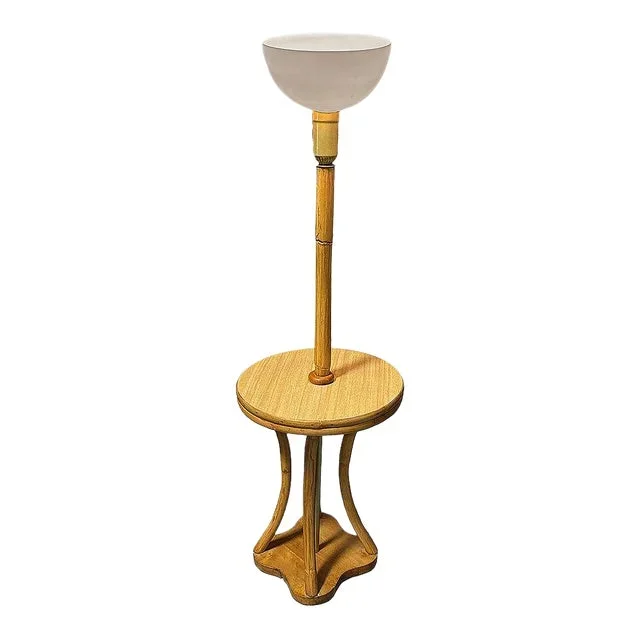 1950s Restored Rattan & Mahogany Hourglass Side Table Torchiere Floor Lamp