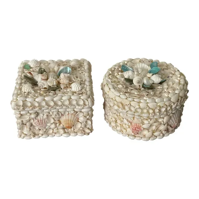 1950s Vintage 10” Coastal White Wedding Florida Seashell Treasure Boxes – Set of 2