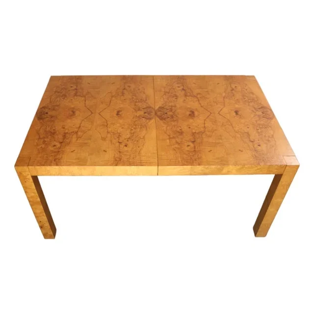 1960’s Milo Baughman Style Mid Century Burlwood Expanding Dining Table With 2 Leaves