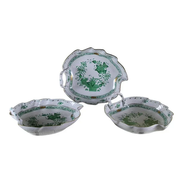 1960’s Vintage Herend Hand-Painted Leaf Shaped Dish With Fleurs Des Indes Green Decoration- Set of 3