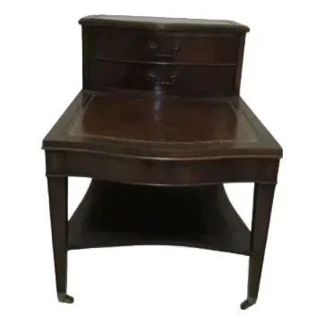 1960s Mahogany Wood Step Back Side Table Leather Inlay Wheels Tiered 2 Drawer