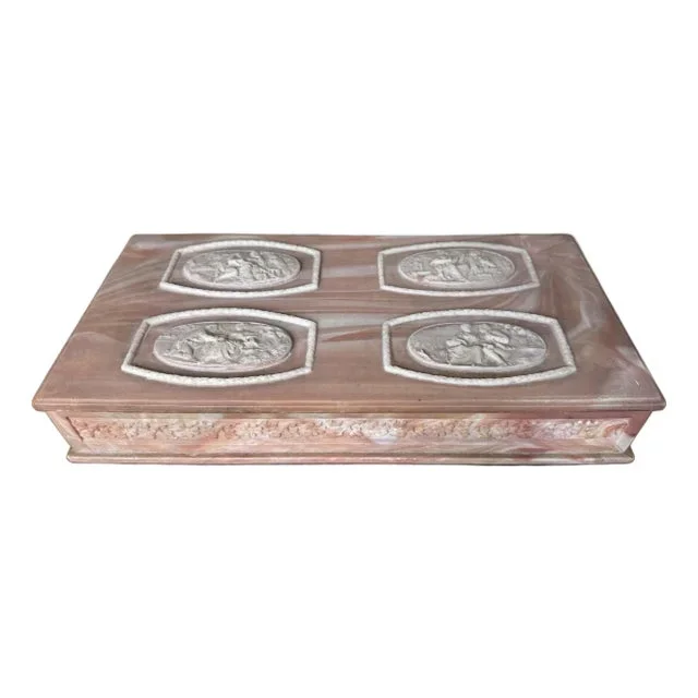 1960s Mid Century Incolay Stone Jewelry Box Cameo Design