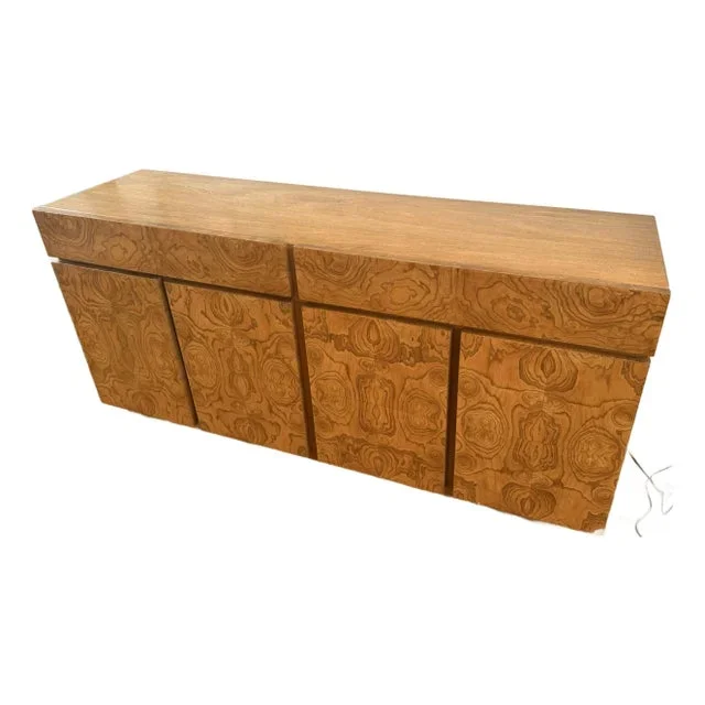 1970s Art Deco Style Burled Ash Credenza With Book-Matched Veneer