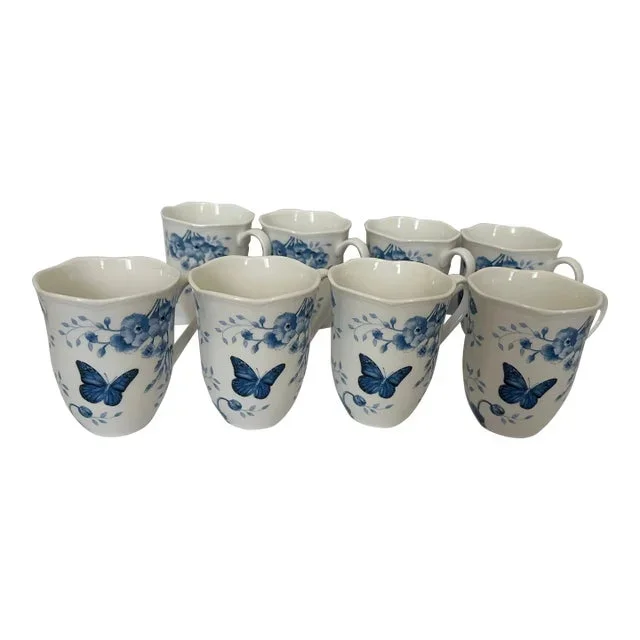 1970s Butterfly Meadow Toile Blue Porcelain Mugs by Lenox- Set of 8