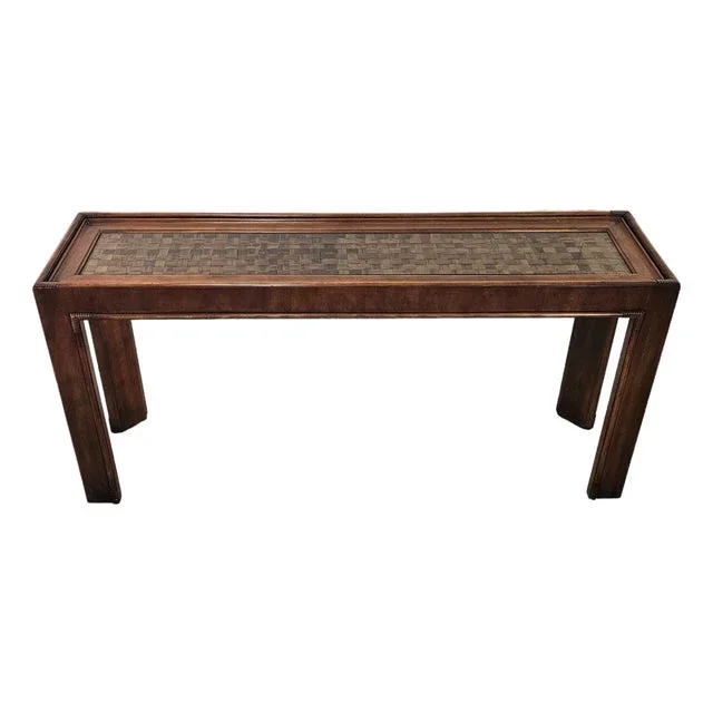 1970s Drexel Heritage Bamboo Look Console Table With Glass Top & Rattan Inset – 56″