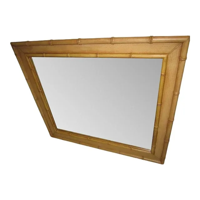 1970s Hollywood Regency Faux Bamboo Wood Mirror in Honey Color