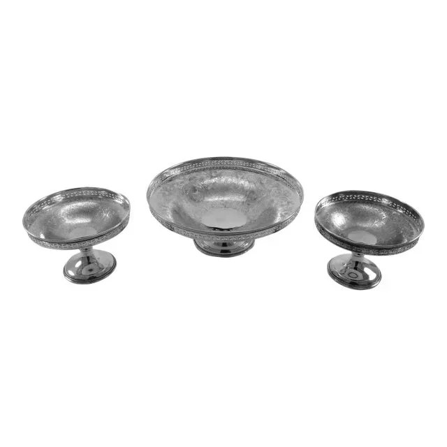 1970s New Set of 3 Silver Fruit & Sweet Dishes With Embossed Pierced Borders-