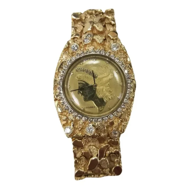 1970s VIntage 14 Karat Gold Men’s “Nugget” Bracelet and Diamond “Louvrex” Watch