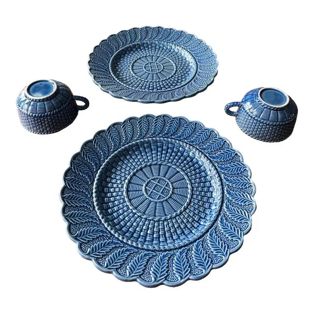 1970s Vintage Bordallo Pinheiro Blue Basketweave Dinner Plates and Teacups-4 Pieces