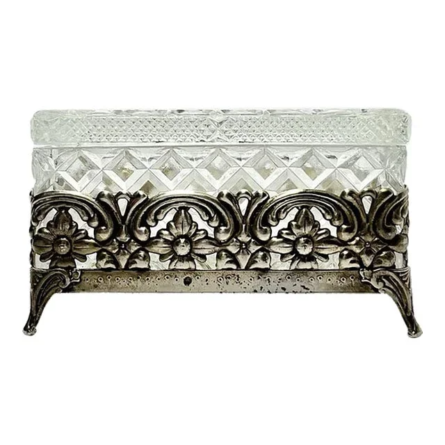 1970s Vintage Gold Tone Glass Floral Casket Vanity Jewelry Trinket Box