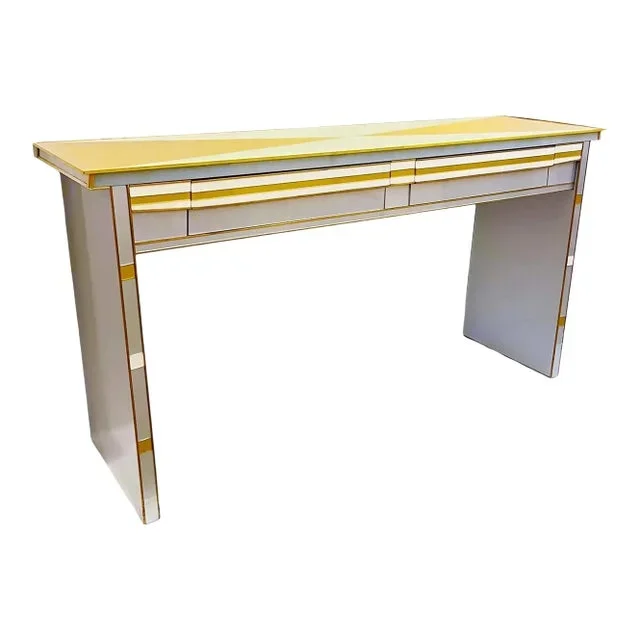 1970s Vintage Italian Art Deco Design Silver White Gold Glass 2-Drawer Console
