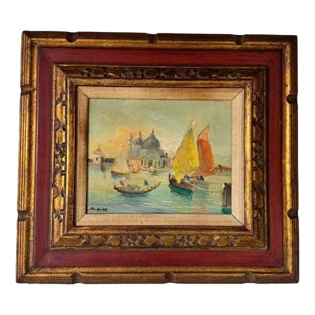 1970s Vintage Venice Coastal – Sailboat Landscape Scene Oil Painting by L. Porino