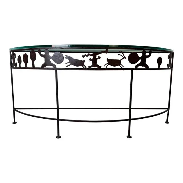 1980’s Rosemary Pozzi Franzetti Taos – Style Hand Cut Oxidized Steel Demilune Console Table