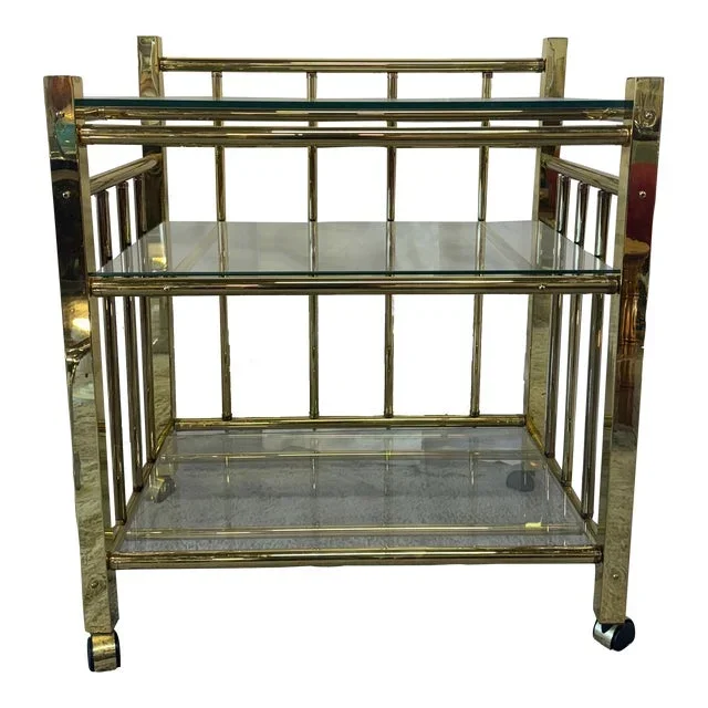 1980s Milo Baughman Style Brass & Glass Bar Cart