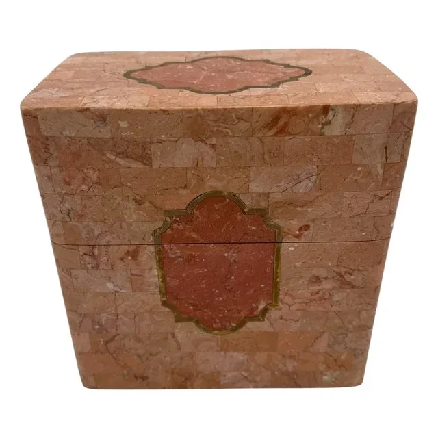 1980s Tessellated Pink Marble and Brass Box Attributed to Maitland Smith