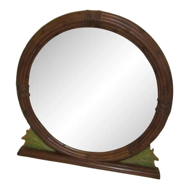 1980s Tommy Bahama Style Round Mirror Medium Tone Wood Frame