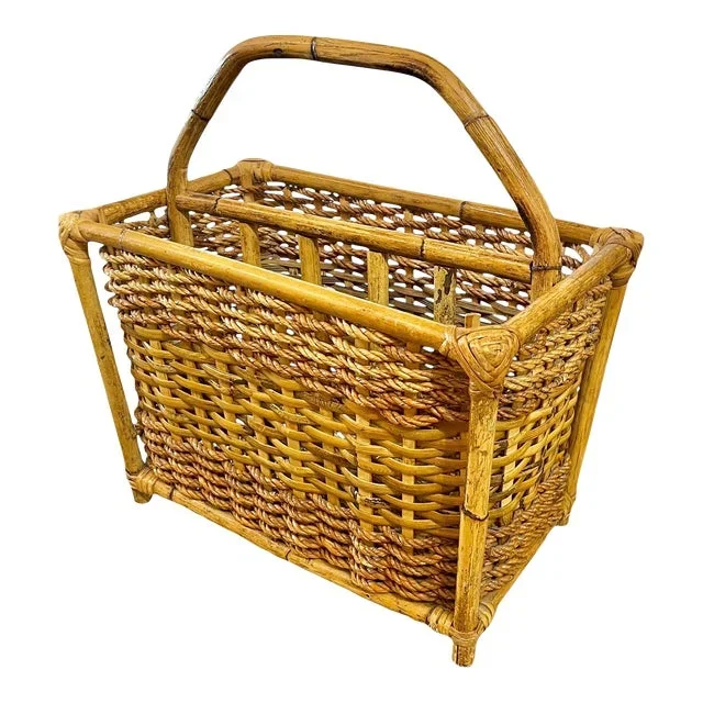 1980s Vintage French Bamboo Rattan Coastal Magazine Book Rack Stand