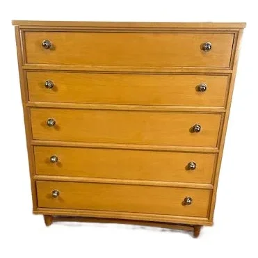1980s Vintage Mid Century 5 Drawer Light Tone Chest of Drawers