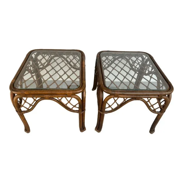 1980s Vintage Rattan and Glass Side Table a Pair