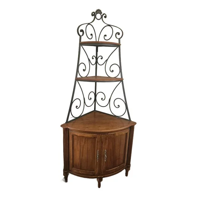 1990s Ethan Allen Legacy French Country Corner Cabinet Bakers Rack Wrought Iron