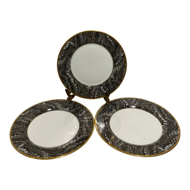 1990s Fitz and Floyd Plume d’Or Black Salad Plates- Set of 3