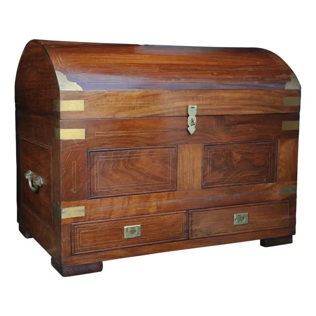 19th Century Anglo Indian Rosewood & Brass French Polished Domed Two Drawer Dowry Chest, 1890s