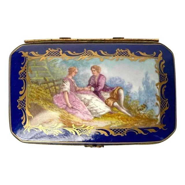 19th Century French Signed Sevres Style Hand Painted Parcel Gilt Porcelain Dresser Box